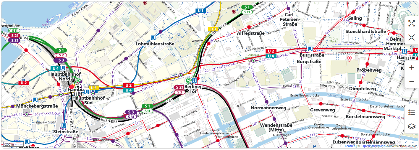 Karte der Bus- und Bahnverbindungen vom HBF zum Ebelingplatz 9