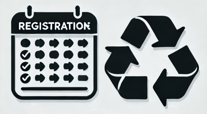 Das Bild zeigt ein Anmeldeformular und ein Recycling-Symbol mit zwei Pfeilen, die einen Kreis bilden. Es symbolisiert den Prozess der wiederkehrenden Anmeldung.