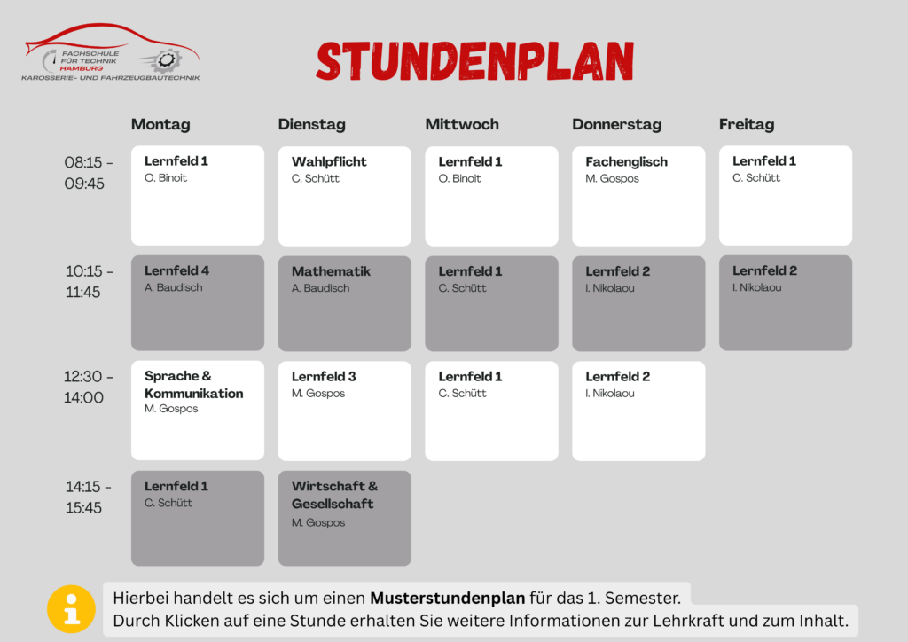 Bild zeigt einen Muster Stundenplan der Fachschule Technik